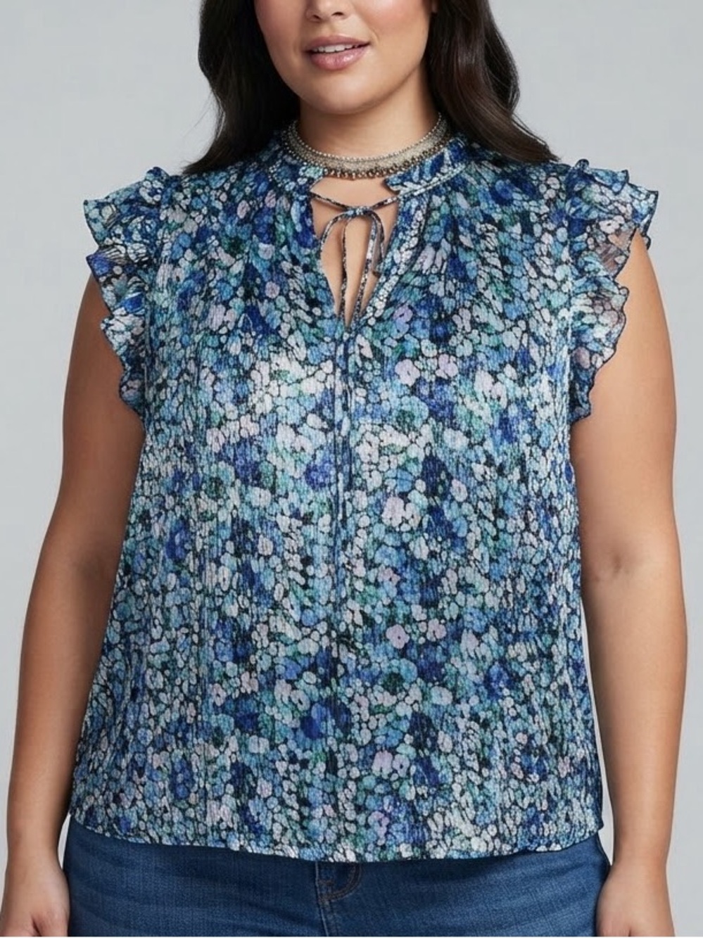 TAMARA H Floral Ruffle Sleeve Women's Top in Blue